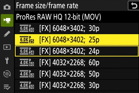 Nikon Z6 III Videobildgrössen und -raten: In ProRes RAW HQ sind 6K-Aufnahmen mit bis zu 30 Bildern pro Sekunde möglich.