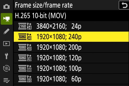 Nikon Z6 III Videobildgrössen und -raten: Full-HD Aufnahmen in H.265 10-Bit sind mit bis zu 240 Bildern pro Sekunde möglich.