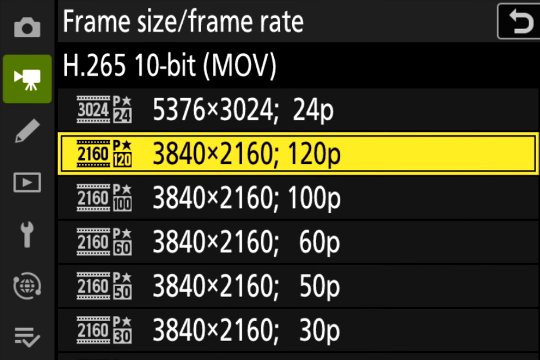 Nikon Z6 III Videobildgrössen und -raten: In H.265 10-Bit sind auch 4K-Aufnahmen mit bis zu 120 Bildern pro Sekunde möglich.