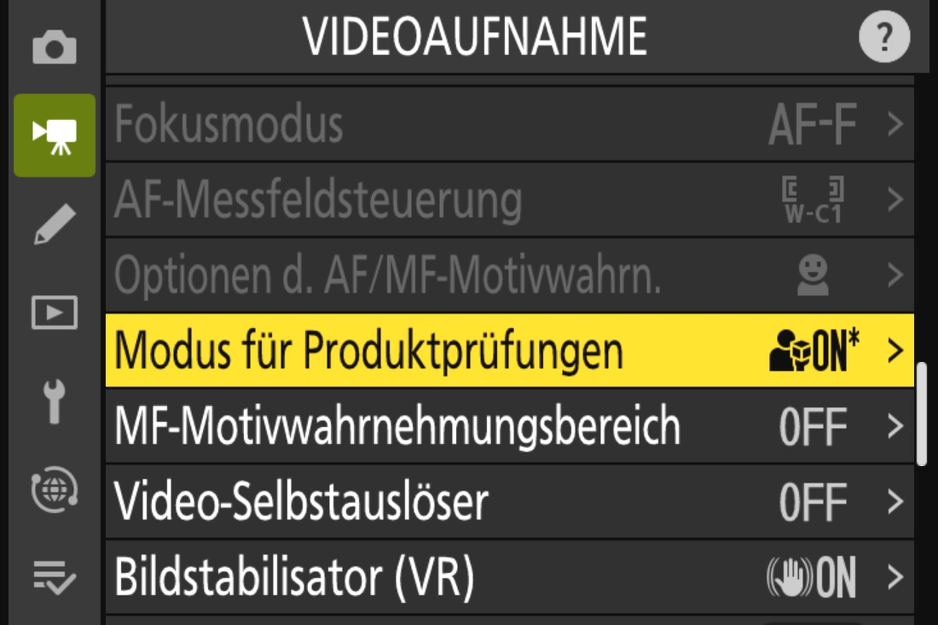 Neuzugang: Im Menü Videoaufnahme der Nikon Z50II gibt es jetzt den Eintrag «Modus für Produktprüfungen»