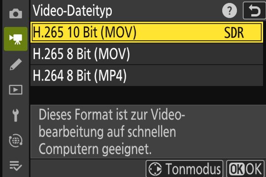 Nikon Z50II Video-Dateityp: Wahl von Bitrate und Videocontainer.