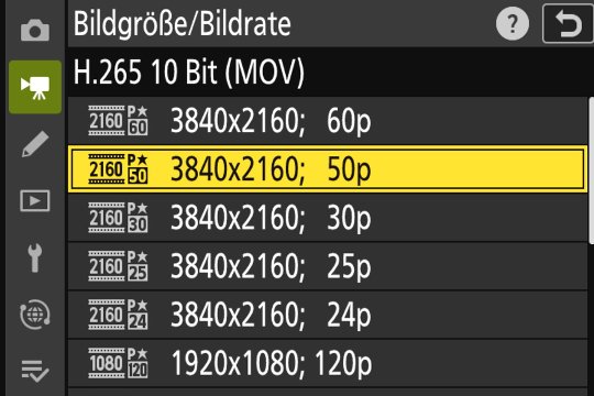 Nikon Z50II Bildgrösse/Bildrate 01: Wahl von Videoauflösung und Bildfrequenz.