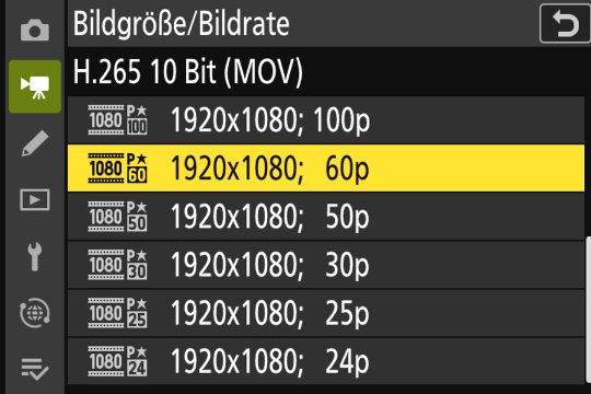 Nikon Z50II Bildgrösse/Bildrate 02: Wahl von Videoauflösung und Bildfrequenz.