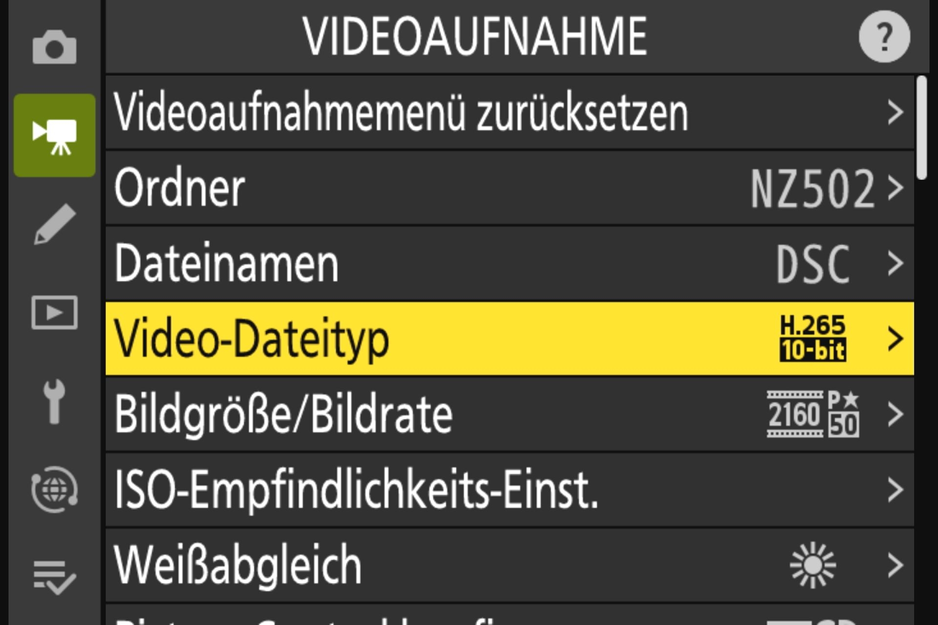 Nikon Z50II Videoaufnahme: Wahl von Video-Dateityp und Bildgrösse/Bildrate.