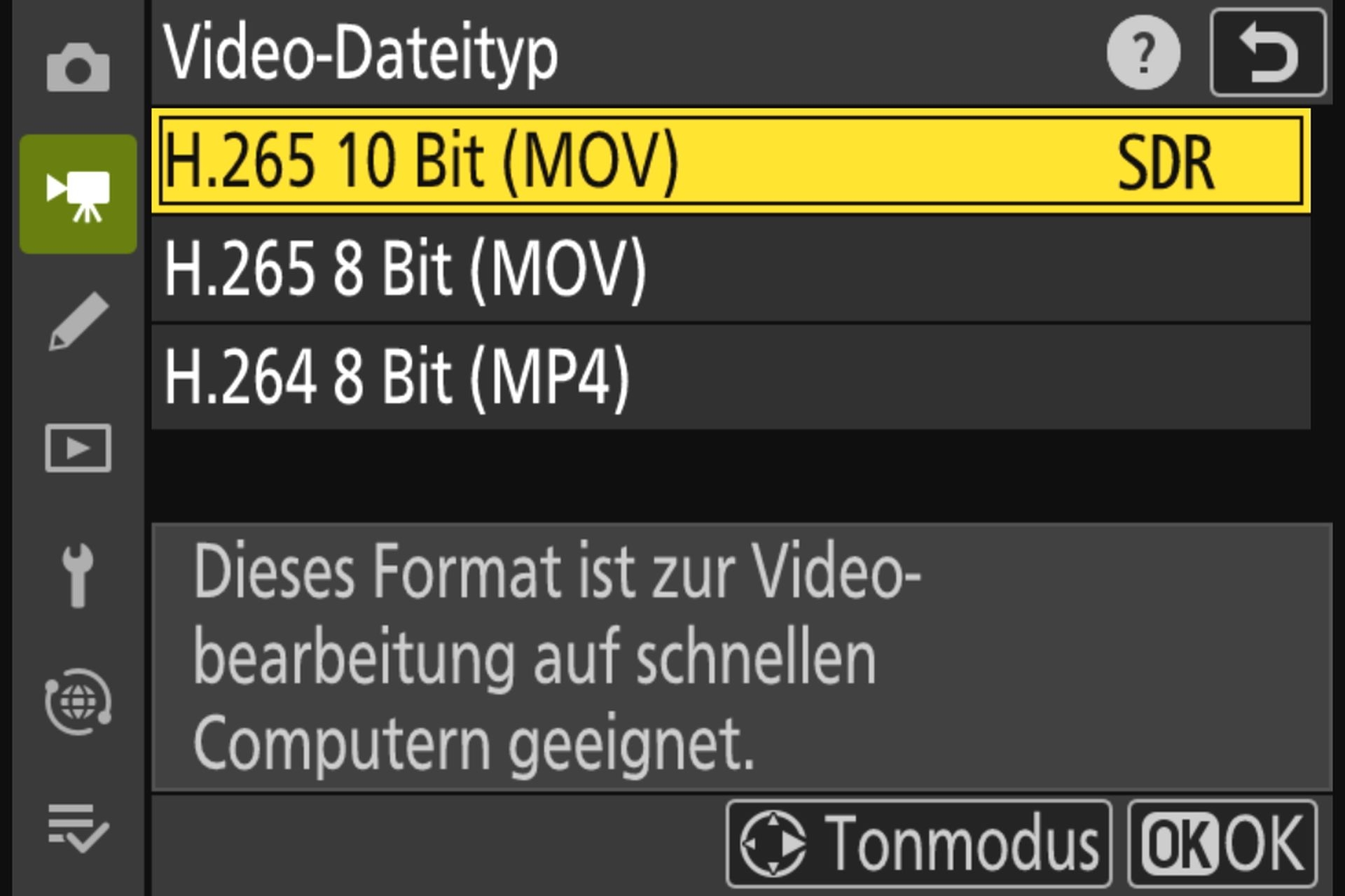 Nikon Z50II Video-Dateityp: Wahl von Bitrate und Videocontainer.