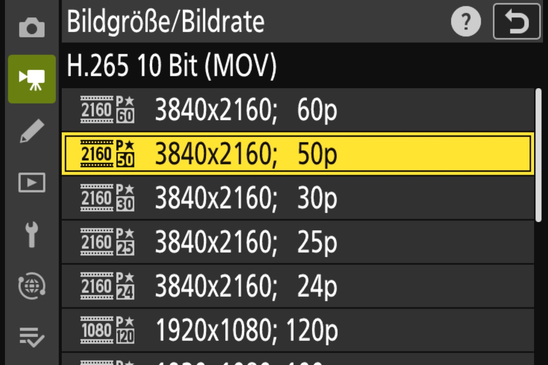 Nikon Z50II Bildgrösse/Bildrate 01: Wahl von Videoauflösung und Bildfrequenz.