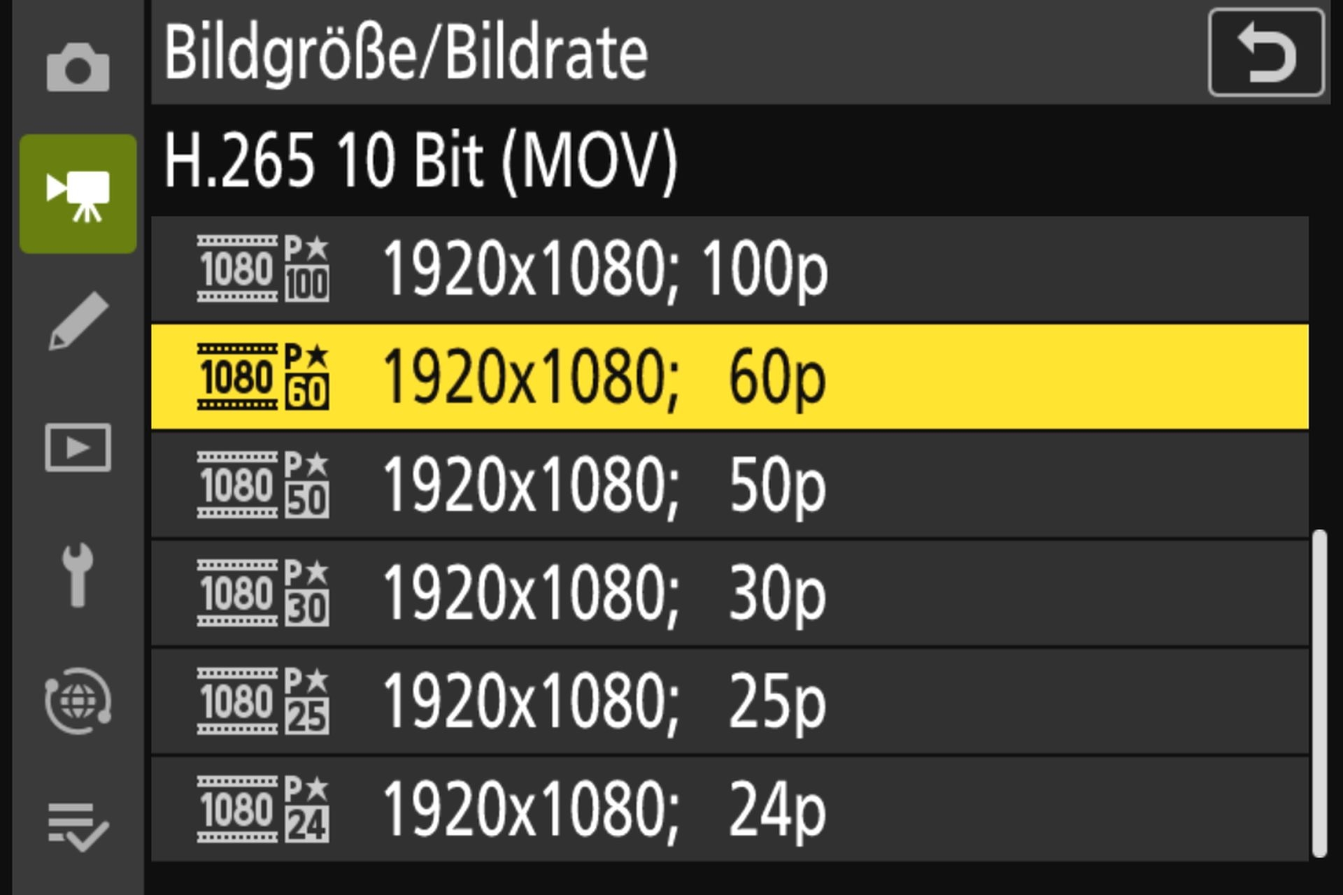 Nikon Z50II Bildgrösse/Bildrate 02: Wahl von Videoauflösung und Bildfrequenz.