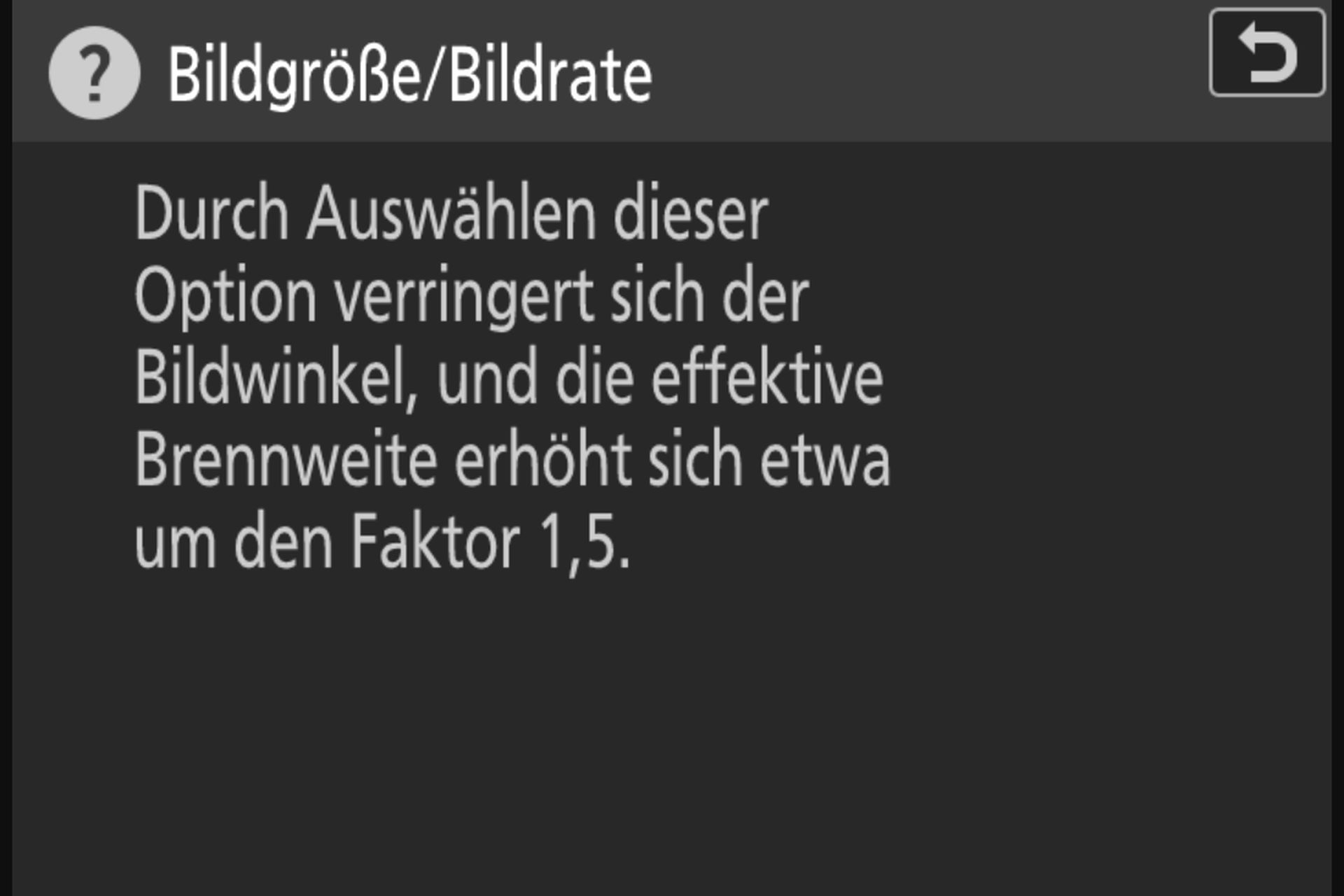 Nikon Z50II Bildgrösse/Bildrate: Hinweis auf die Brennweitenerhöhung bei 50 und 60p.