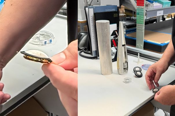 Der Zusammenbau der nur rund 45 Mikrometer dicken Diamantmembran auf den Spulenträger und das Anbringen der Sicke erfordern grosse Fertigkeiten der Mitarbeiter.