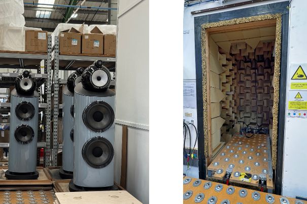 Keine Sonderfarbe für Liebhaber von Blautönen: Dies sind vom Engineering freigegebene Referenzmodelle, mit denen die schalltote Testkammer (rechtes Bild) periodisch kalibriert wird.