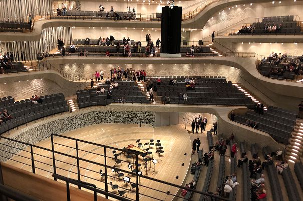 Elbphilharmonie Hamburg: Der grosse Saal hat die sogenannte Weinberg-Bauweise. Konventionelle Säle in Rechteckform werden als Schuhschachtel bezeichnet. Beiden gemeinsam ist, dass die Klangwahrnehmung je nach Hörplatz wenig bis stark variiert.