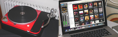 Restaurierte Thorens TD 124 und HD-Audio auf dem Laptop gehören beide zu einer aktuellen HiFi-Ausstellung