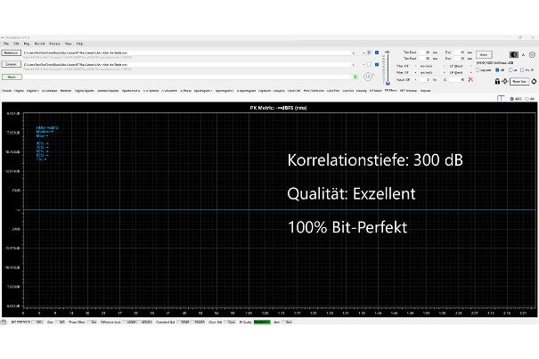 Der PK-Metric-Wert errechnet sich aus mehreren unterschiedlichen Messresultaten und ist das Mass der Übereinstimmung der beiden Kurvenformen. Je höher der dB-Wert, desto deckungsgleicher sind die Wellenformen. 