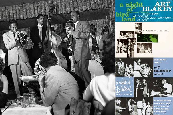 Das «Birdland» am 21. Februar 1954: Erstaunlich, wie nah das Publikum an der Bühne sass. Rechts oben die Original-LP-Hülle, darunter das später neu gestaltete Cover.