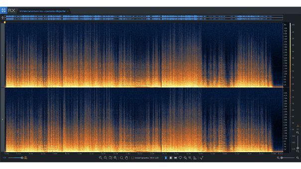 Primavera 3. Satz Chauvin: Das Spektrogramm (24/96) zeigt Obertöne bis knapp 40 kHz. Die Pegel oberhalb von 20 kHz liegen im Bereich von -85 dB und tiefer. Der Dynamikumfang liegt bei 57 dB, DR11.