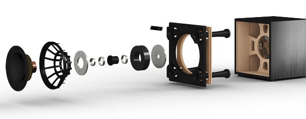 Explosionszeichnung des Subwoofers Dali V-16 F mit 16-Zoll-Treiber und 1500-Watt-Endstufe.