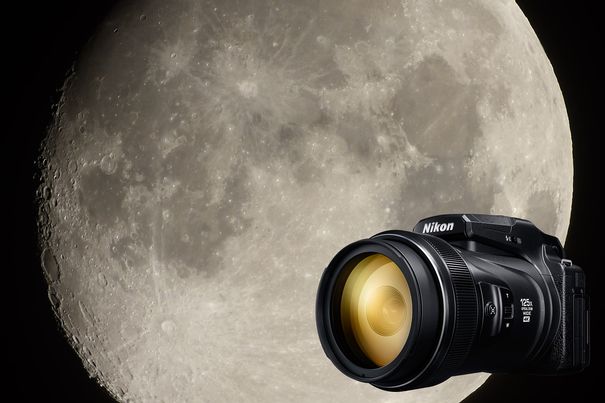 Fernrohr: Mit optischem 125-fach-Zoom und digitaler Verdoppelung kommt die Nikon Coolpix P1000 auf eine Supertele-Brennweite von unglaublichen 6000 mm. Genug Zoom-Power, um den Mann im Mond beim Kraterspaziergang zu beobachten.
