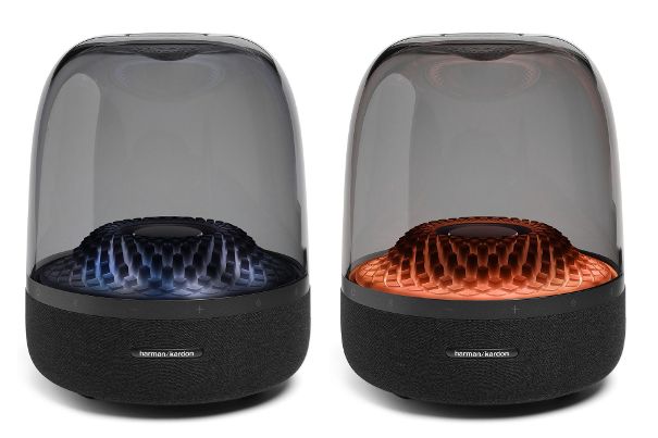 Blickfang in jedem Zuhause: Der ikonische Smart-Speaker Harman Kardon Aura Studio 4 vereint exquisite Klangqualität mit einem fesselnden Lichtspiel.