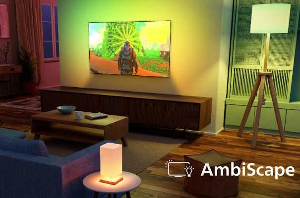 AmbiScape synchronisiert Ambilight mit bis zu vier smarten Lampen im Raum. Kompatibel mit WiZ, NanoLeaf, Philips Hue und IKEA ab Serie 8000.​​​​​​​​​​​​​​​​