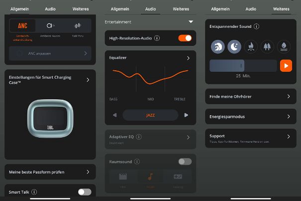 Die JBL App ermöglicht eine detaillierte Konfiguration. Ein Equalizer ist dabei und sogar ein Generator für Entspannungsmusik im Flieger.