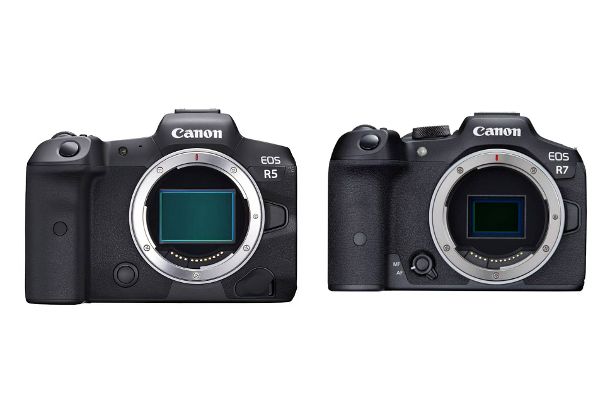 Grössenvergleich: Vollformat Canon EOS R5 (links) und EOS R7. Das RF-Bajonett ist gleich gross, der Unterschied zum kleineren APS-C-Sensor der Canon R7 ist deutlich sichtbar.
