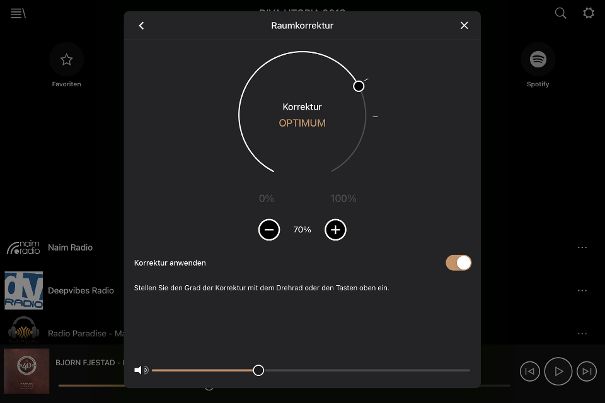 Raumeinmessung inklusive: Via iOS-App lässt sich die Diva Utopia sehr einfach an die individuelle Hörraumakustik anpassen. Die Intensität der Korrektur kann man variieren.