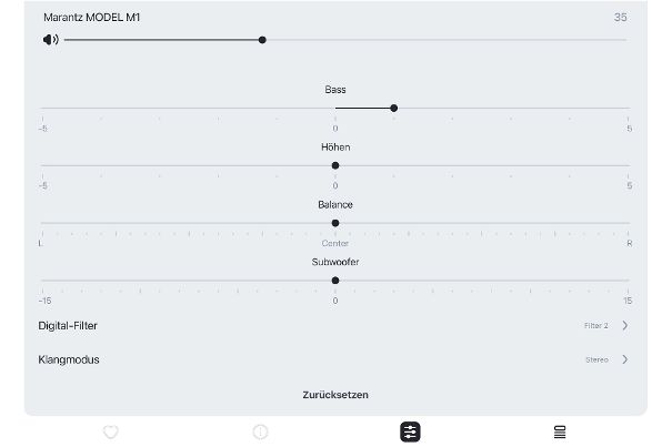 Innerhalb der HEOS-App findet sich auch eine Klangregelung. Im Stereo-Betrieb kann man die Höhen und die Tiefen regulieren. Auch ein Balancesteller und (optional) eine Subwoofer-Steuerung sind mit an Bord.