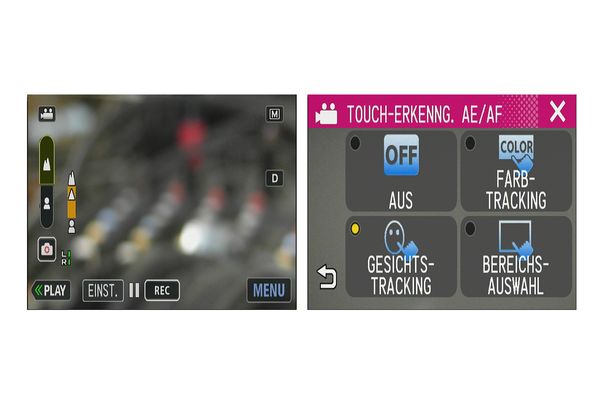 Manuelles Fokussieren per Fingertippen auf das Display ist sehr schwierig (Abb. links). Etwas besser geht es mittels Objekterkennung (Person, Farbe, Bereich) und automatischer Belichtungs- und Schärfe-Nachführung (Abb. rechts).