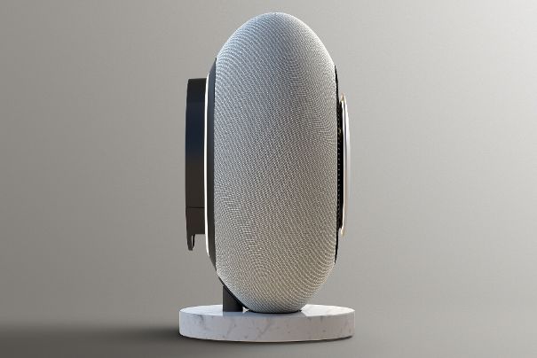Auch seitlich eine Augenweide: Der Marantz Horizon zieht das runde Designkonzept konsequent durch. Selbst der Marmorsockel ist rund.