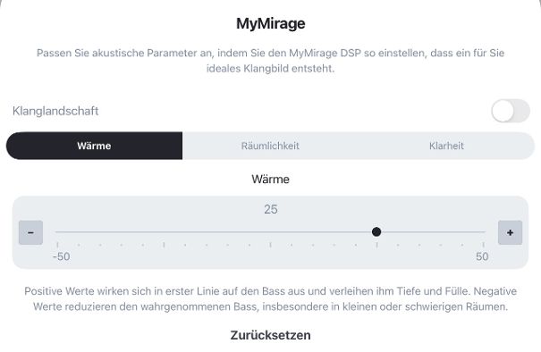 Innerhalb der HEOS-App findet sich im Register «My Mirage» eine ebenso feinfühlige wie effiziente Klanganpassung über drei verschiedene Parameter.