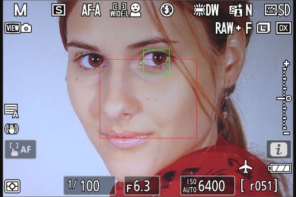 Schau mir ins Auge: Die Fokussierung aufs Auge (grün) funktioniert in der Automatik- wie in der Personen-Motivoption gleichermassen zuverlässig. Auch über AF-Messfeld (rot) und Haarsträhnen hinweg.