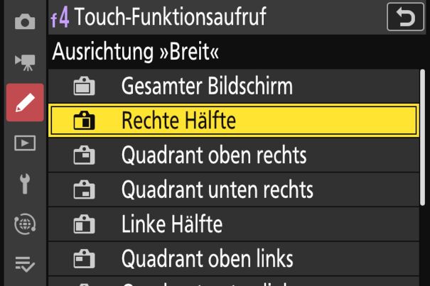 Bei der «Touchfunktion» lässt sich die aktive Displayfläche bestimmen, getrennt nach Kameraausrichtung vertikal oder horizontal («Breit»).