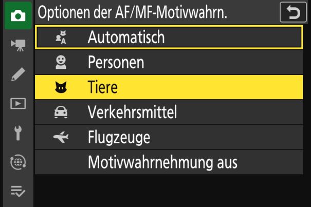 Motivwahrnehmung: Der Autofokus der Nikon Z6 III erkennt Motive automatisch oder kann für Personen, Tiere, Fahrzeuge oder Flugzeuge fixiert werden.