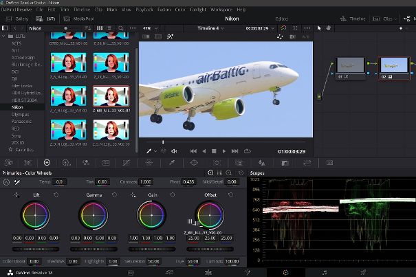 Die N-Log 3D LUT von Nikon wurde in DaVinci Resolve geladen und auf das rechte «Node» gezogen. Das Videobild ist nun «gegraded» und erscheint kräftiger in Farbe und Kontrast.