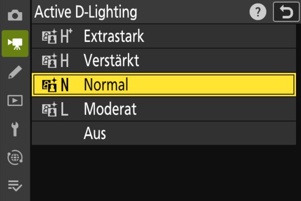Kontraste mindern: Menü der verschiedenen «Active D-Lighting»-Einstellungen der Z 8.