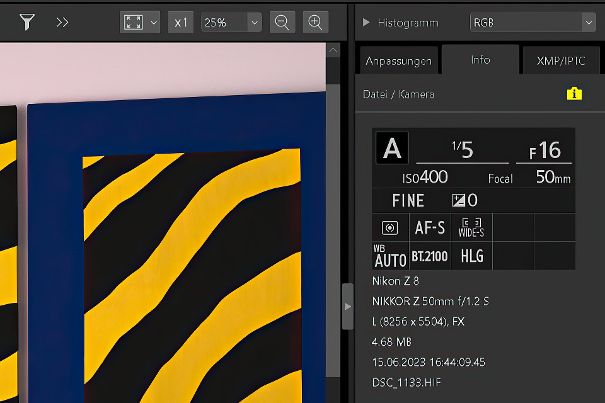 High Dynamic Range: HEIF-Bilder werden im Farbraum «BT.2100» und Dynamikbereich «HLG» gespeichert und benötigen kompatible Bildschirme zur optimalen Darstellung. Rechts die Bildinfos.