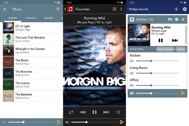 Die Philips-Sound-App in der Übersicht: Hier sind drei unterschiedliche App-Ansichten nebeneinander montiert. Links die Musikauswahl, in der Mitte die Trackanwahl und rechts das Mehrraummenü mit individueller Lautstärkeregelung.