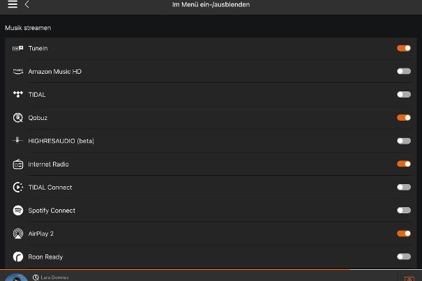 In den Geräteeinstellungen lässt sich auswählen, welche Musikdienste in der Vitos-Orbiter-App angezeigt werden.